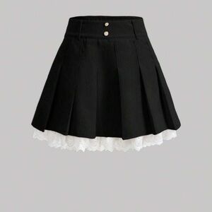 Black Pleated Mini Skirt with White Lace Trim